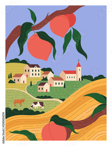 Summer vacation. Nature landscape. Village building. Tree branches with fruits. Farm fields. Rural houses and church on hills. Natural panorama. Scenic scenery. Vector summertime poster color drawing