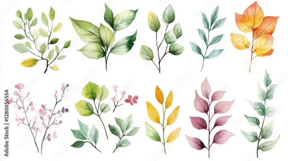 A vibrant collection of watercolor leaves showcasing various shapes and colors, representing nature's beauty and diversity. A vibrant collection of watercolor leaves showcasing various shapes and colors, representing nature's beauty and diversity.