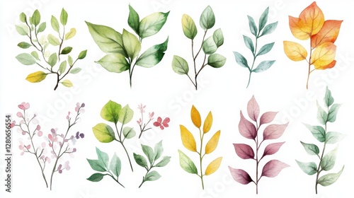 Wallpaper Mural A vibrant collection of watercolor leaves showcasing various shapes and colors, representing nature's beauty and diversity. Torontodigital.ca