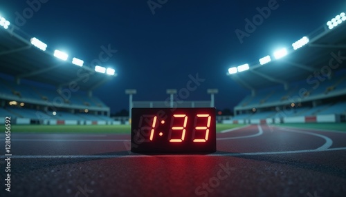 Illuminated Digital Timer Showing 1:33 Anticipation at Empty Track photo