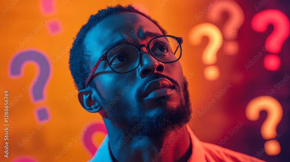 Man with glasses pondering amidst colorful question marks in a creative setting Man with glasses pondering amidst colorful question marks in a creative setting
