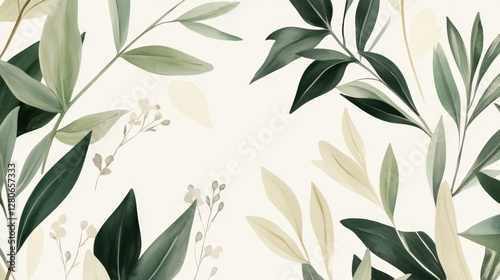 A serene arrangement of lush green leaves and delicate branches creating a tranquil botanical backdrop.