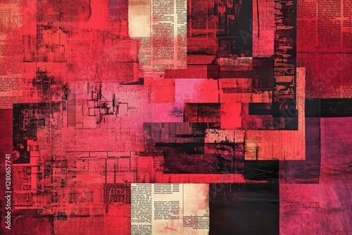 vintage newspaper collage background in deep crimson tones, layered text and typography creating abstract patterns