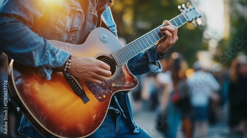 Street musician playing acoustic guitar, outdoors, people listening. Possible use Stock photo for music, street performers, entertainment photo