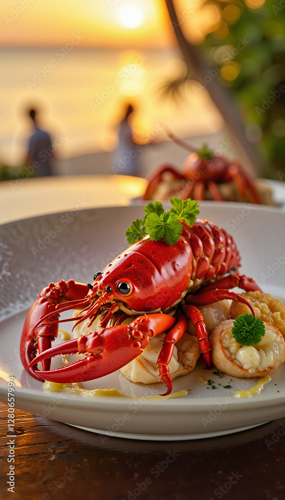 Vibrant Caribbean lobster dish at sunset, gourmet dining experience Vibrant Caribbean lobster dish at sunset, gourmet dining experience