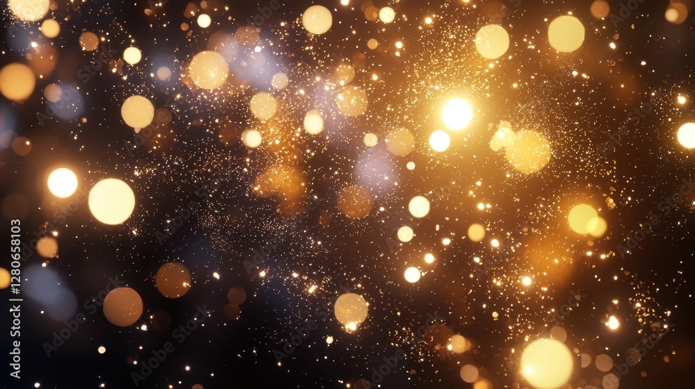 Golden and warm particles float through the air, creating a magical and enchanting atmosphere. This mesmerizing display adds excitement to a nighttime celebration Golden and warm particles float through the air, creating a magical and enchanting atmosphere. This mesmerizing display adds excitement to a nighttime celebration