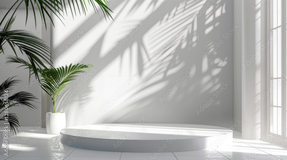 Fototapeta premium Minimal white room, cylinder podium, subtle palm leaf shadows, abstract product display setup