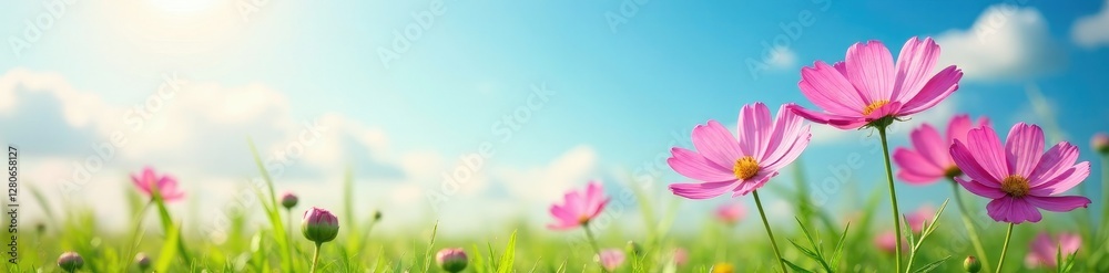 Pink cosmos flowers sway gently in the soft morning light against a serene blue sky and lush green grass, gentle breeze, floral arrangement, flower Pink cosmos flowers sway gently in the soft morning light against a serene blue sky and lush green grass, gentle breeze, floral arrangement, flower