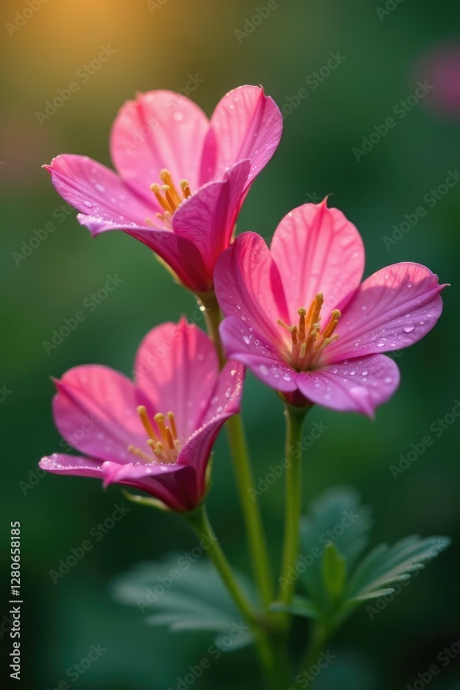 Obraz premium Pink Evening Primrose petals unfolding in the morning dew, pink flowers, flora
