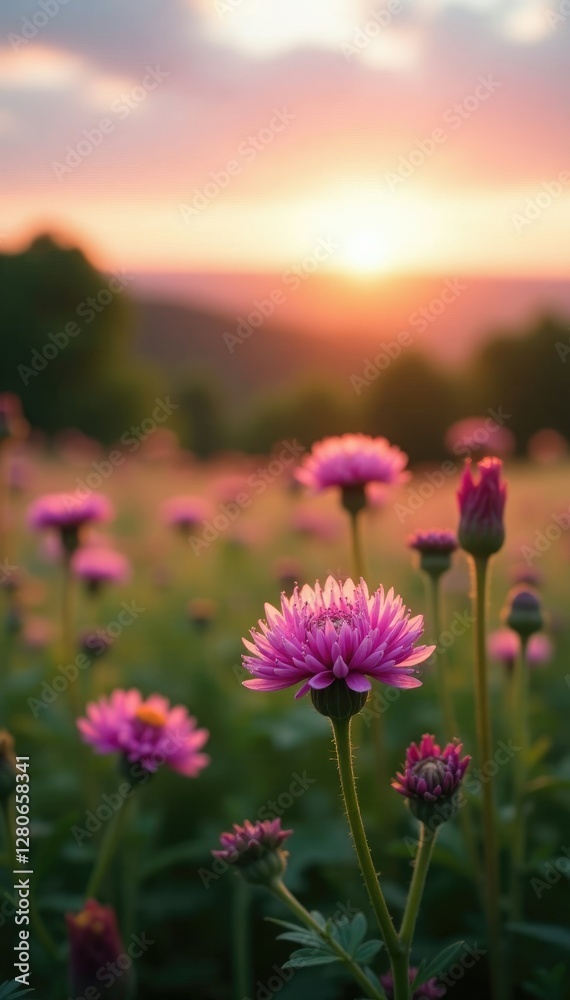 Obraz premium Pink heather blooms in a lush green meadow at dawn, pink flowers, dawn