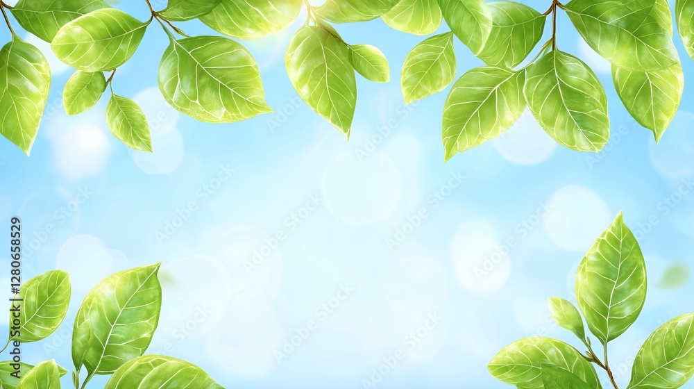 Naklejka premium Green Leaves on Bright Blue Sky Background