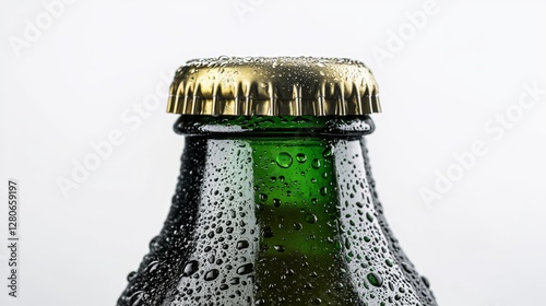 Freshly opened beverage bottle with condensation on a warm day displaying droplets of water photo