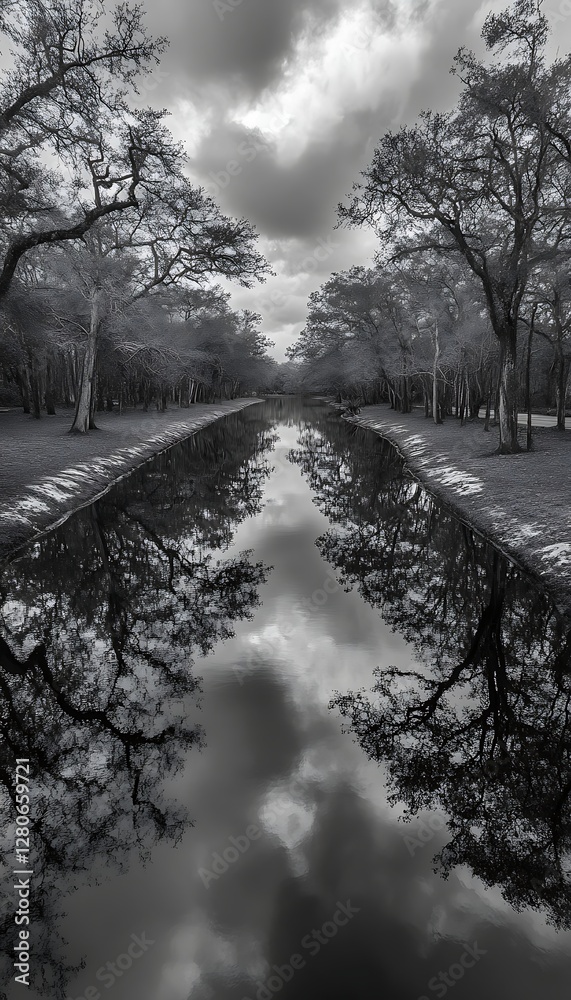Obraz premium Grayscale park canal reflection