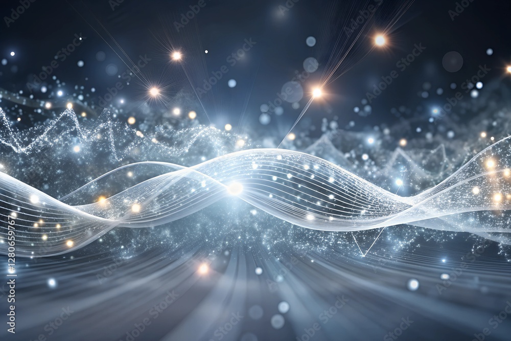 Obraz premium Futuristic Silver Wave: Glowing Particles, Digital Network, and Abstract Technology Flow