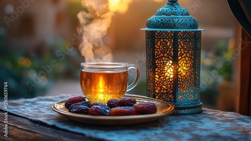 Evening tea with dates in outdoor patio setting photo