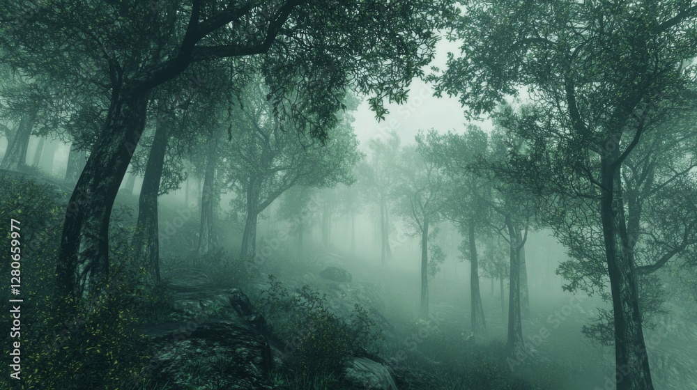 Obraz premium Misty Forest Scene with Tall Trees and Soft Light Creating an Ethereal and Serene Atmosphere