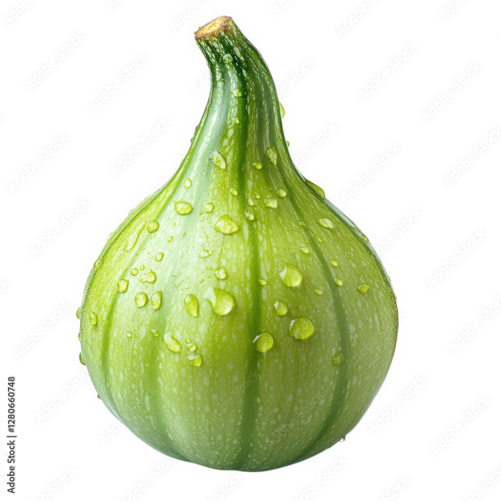 fresh green fig with a smooth surface. adorned with droplets of water. suggesting freshness and ripeness its unique shape and vibrant color make it visually appealing. likely intended for culinary use