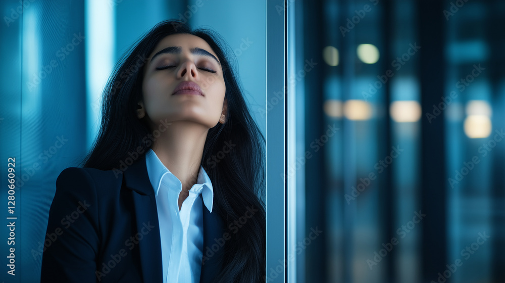A young Indian woman in professional attire, exhausted, pressing her forehead against a cold glass wall of a corporate building, eyes closed, overwhelmed by burnout. A young Indian woman in professional attire, exhausted, pressing her forehead against a cold glass wall of a corporate building, eyes closed, overwhelmed by burnout.