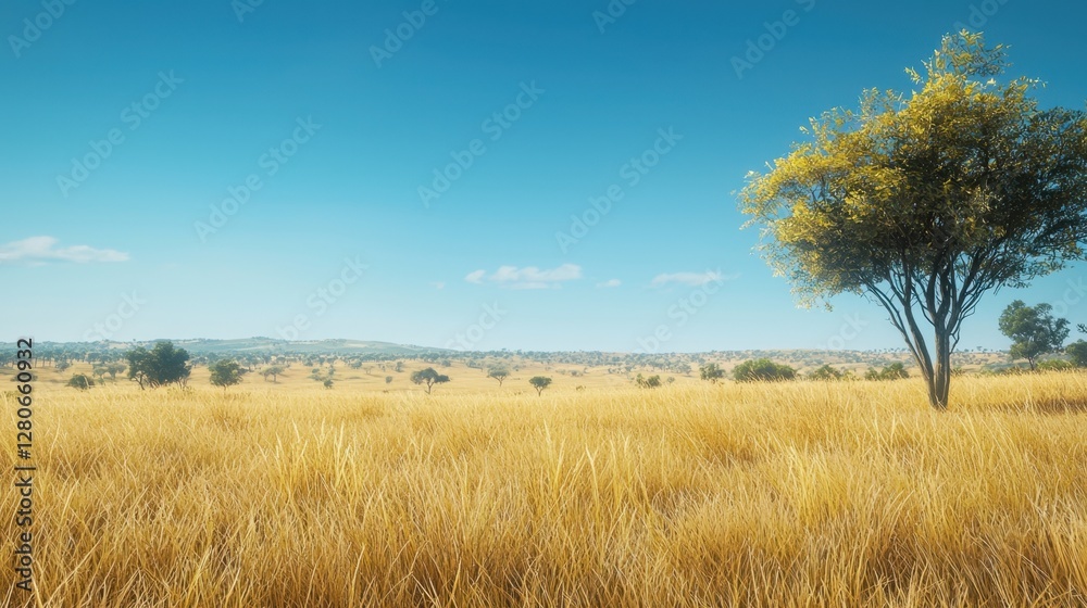 Golden grasslands stretch across the landscape, dotted with a few sparse trees under a bright blue sky. This serene outdoor scene captures the beauty of nature and tranquility Golden grasslands stretch across the landscape, dotted with a few sparse trees under a bright blue sky. This serene outdoor scene captures the beauty of nature and tranquility
