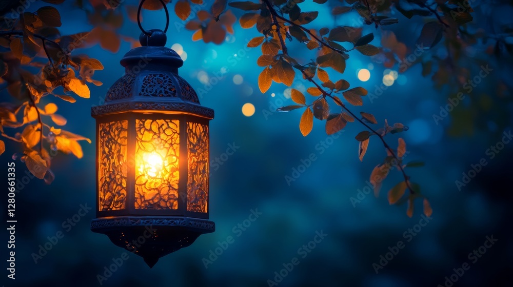 Beautiful lantern glowing amidst leaves in an enchanting evening setting Beautiful lantern glowing amidst leaves in an enchanting evening setting
