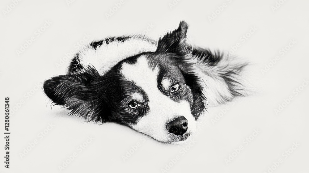 Fototapeta premium A calm and relaxed border collie rests its head on a soft surface, showcasing its expressive eyes and beautiful coat.