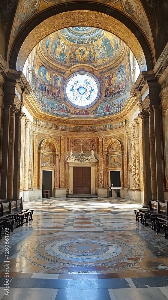 Obraz premium Italian church interior, ornate dome, sunlight, empty pews