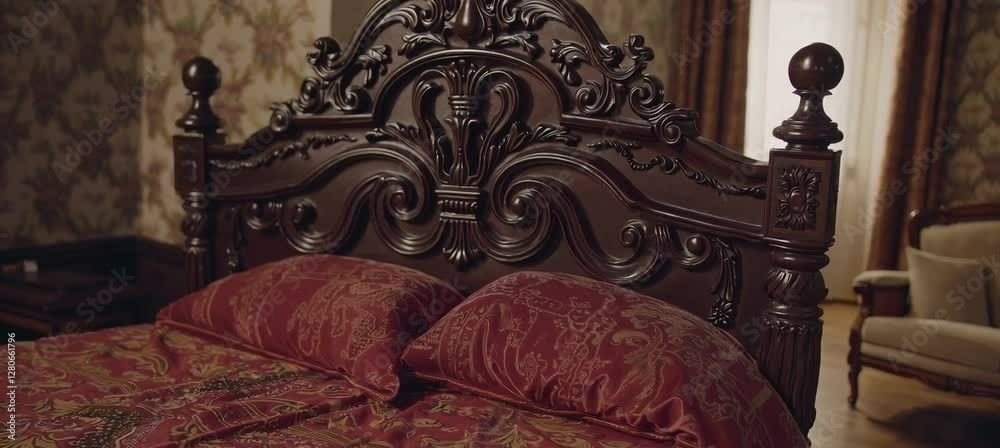 Ornate wooden bed with red floral bedding in a vintage room setting