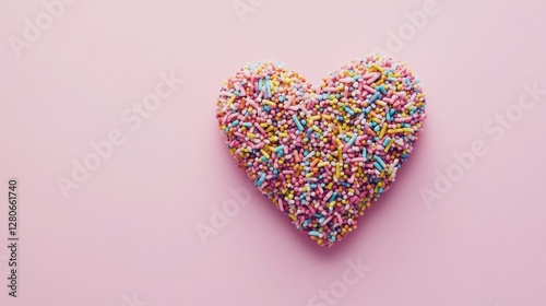 A heart-shaped confection covered in colorful sprinkles against a soft pink background.