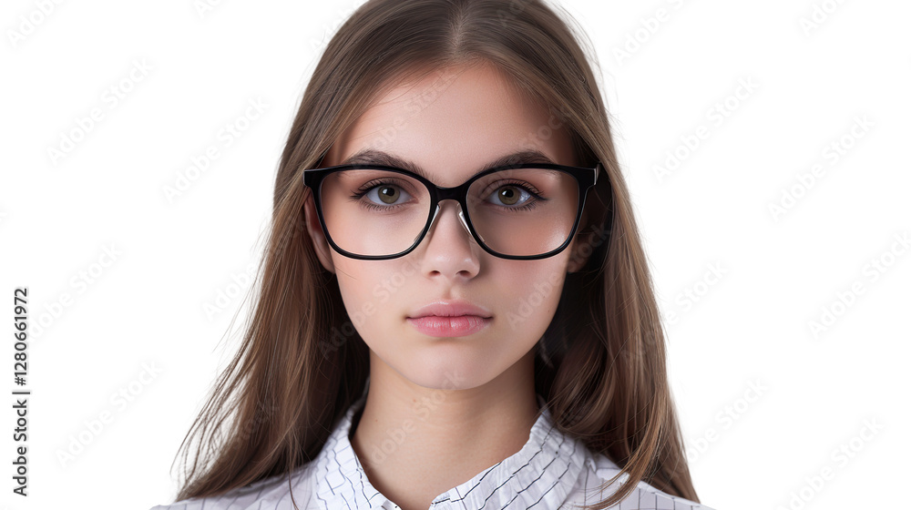 A Lifelike Portrait of a Young Woman in Stylish Black Glasses on Transparent Background, PNG A Lifelike Portrait of a Young Woman in Stylish Black Glasses on Transparent Background, PNG