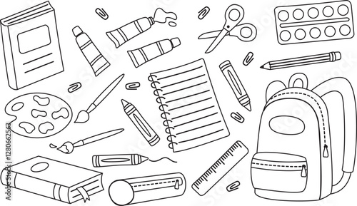 Doodle set with school supplies. Linear illustration of elements for learning and drawing