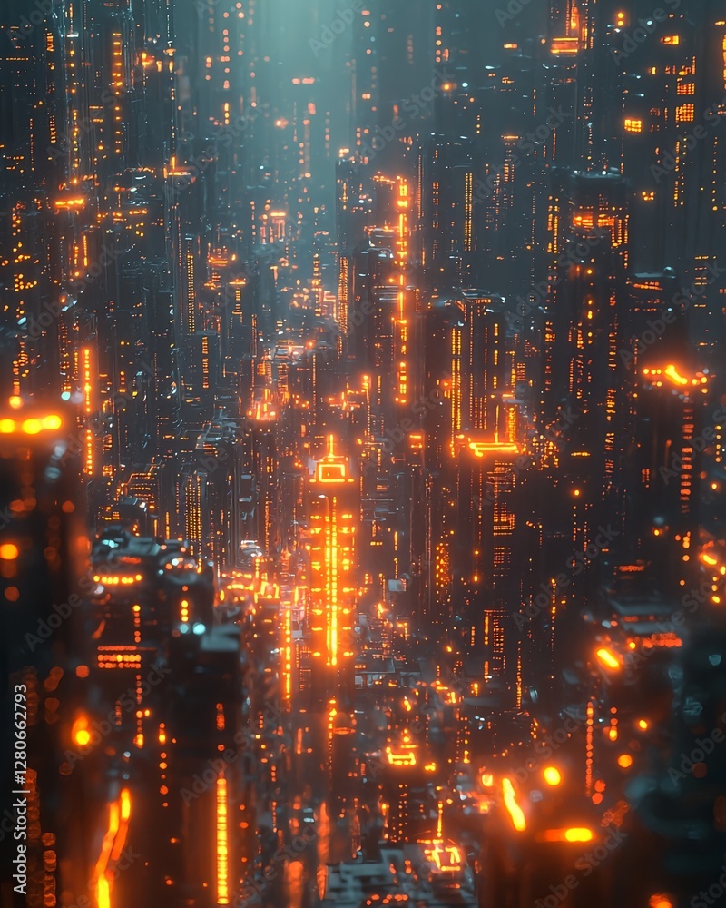 Fototapeta premium A digital cityscape featuring glowing cubes arranged in a cyberpunk style