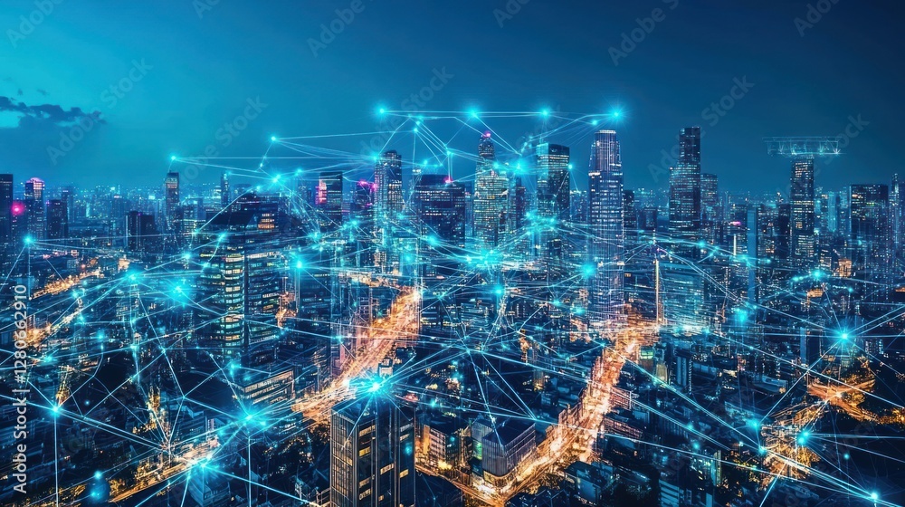 custom made wallpaper toronto digitalNight cityscape with digital network connections.