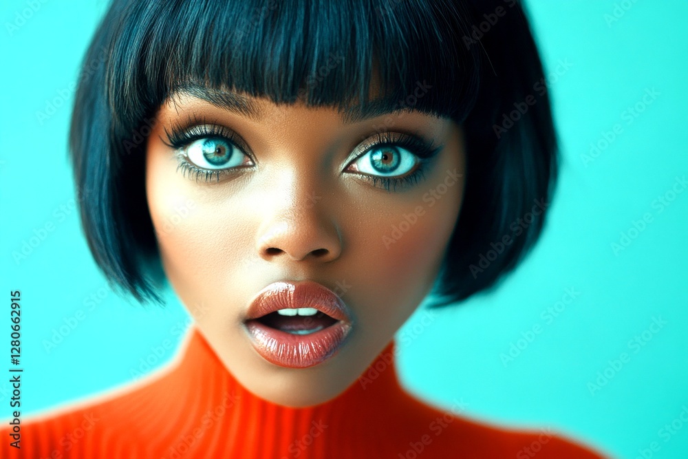 Lovely very astounded black girl - for ads, lane poster and internet marketing use. Short coiffure - straight hair. Commercial promotion visual idea. Black model advertising concept. Lovely very astounded black girl - for ads, lane poster and internet marketing use. Short coiffure - straight hair. Commercial promotion visual idea. Black model advertising concept.
