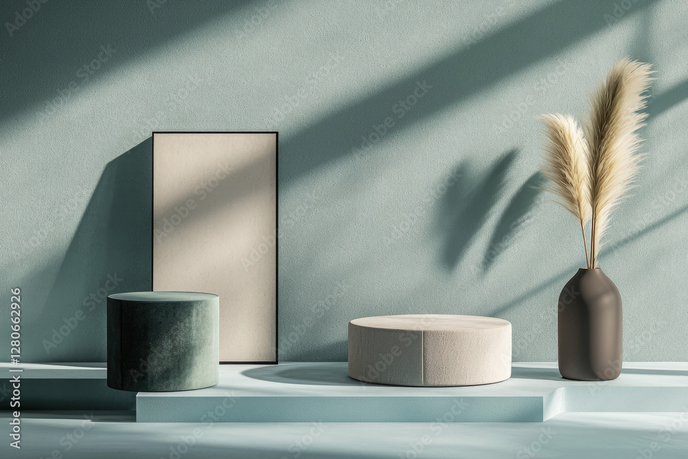 custom made wallpaper toronto digitalMinimalist product display, geometric shapes, cylindrical podiums, rectangular frame, soft shadows, teal background, pampas grass in vase, muted color palette, clean aesthetic, studio lighting