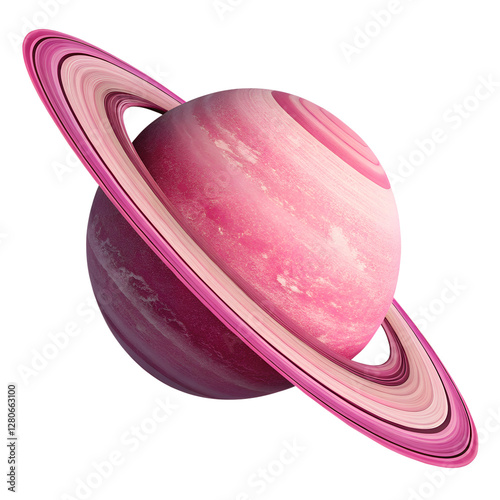 3D cartoon saturn planet with pink rings isolated on transparant background, design illustration