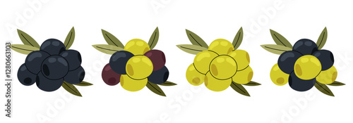 Set olive pile with leaves. Marinated snack. Ingredients for cooking. Greek cuisine. Flat illustration on white background.