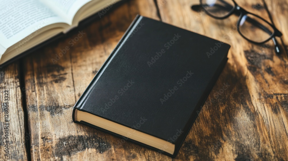 Black Book and Glasses on Wooden Table Black Book and Glasses on Wooden Table