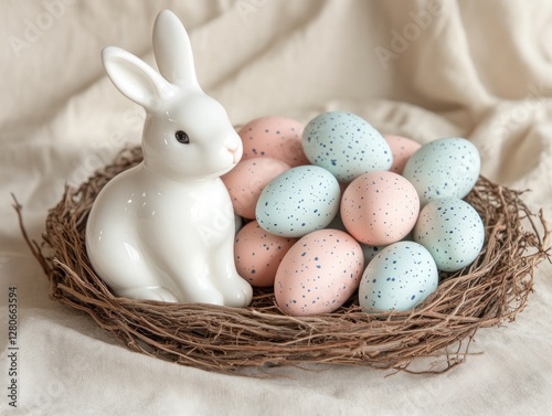 Soft pastel Easter display with porcelain bunny and speckled eggs perfect for seasonal decor photo