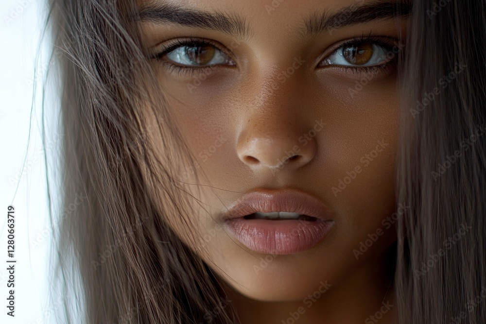 Fototapeta premium Long hairdo - straight hair. Commercial promotion conceptual art. Pretty very amazed mixed-race girl - for ads, marketing material ad and social networks banner use. Black woman hair trends.