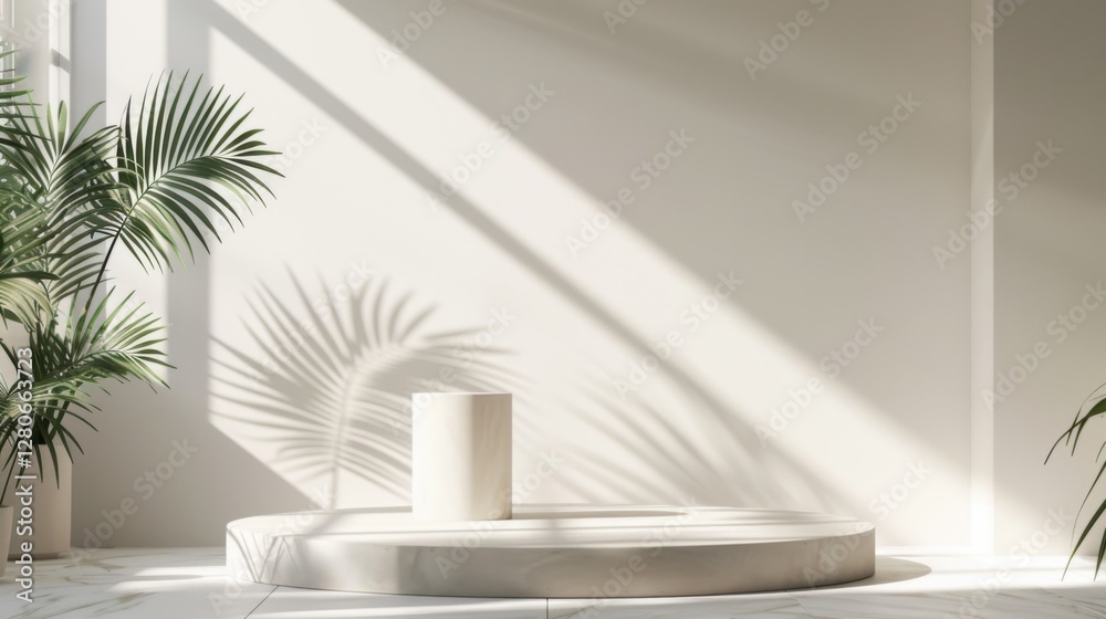 Minimal white room, cylinder podium, subtle palm leaf shadows, abstract product display setup Minimal white room, cylinder podium, subtle palm leaf shadows, abstract product display setup