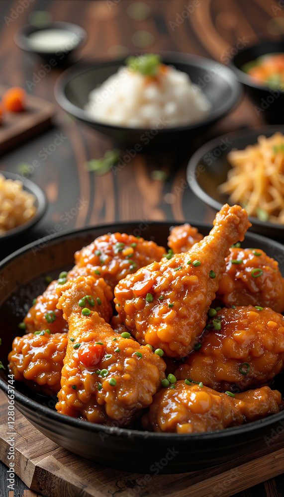 Delicious Korean fried chicken served with vibrant side dishes, culinary delight Delicious Korean fried chicken served with vibrant side dishes, culinary delight