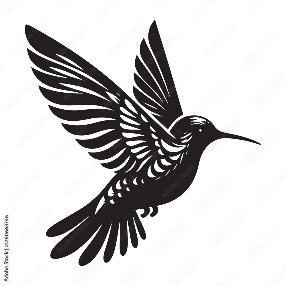 Fototapeta premium Humming bird Silhouette Vector Illustration, Solid White Background.