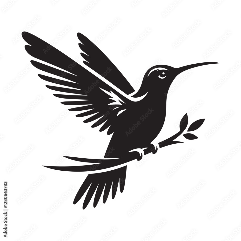 Obraz premium Humming bird Silhouette Vector Illustration, Solid White Background.