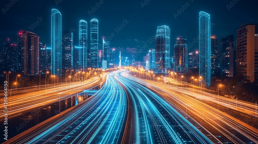 Naklejka premium Nighttime cityscape featuring illuminated buildings and traffic trails on a highway