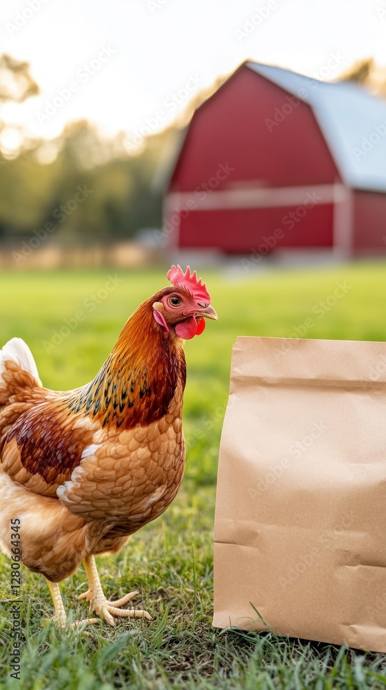 Fototapeta premium A chicken is standing next to a plain paper bag designed for chicken food in a blurred field setting