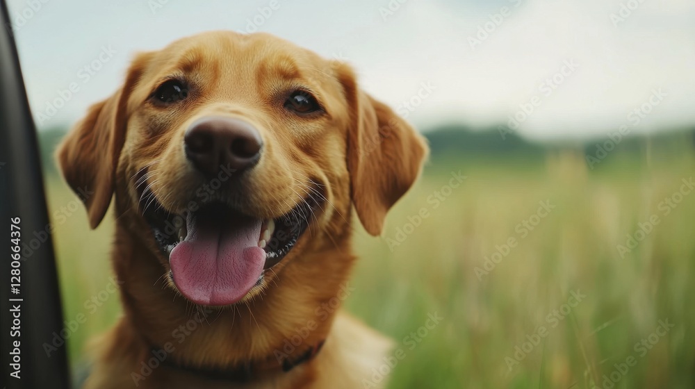 A happy golden retriever with a big smile against a blurred green background. A happy golden retriever with a big smile against a blurred green background.