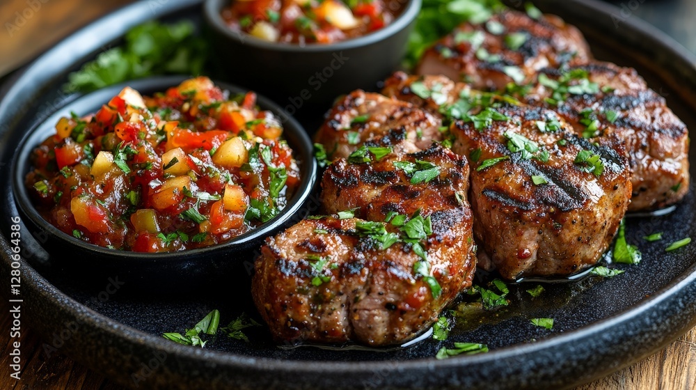 A plate of grilled meat served with a fresh salsa and garnished with herbs.
