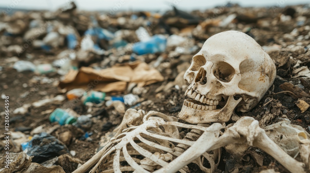 custom made wallpaper toronto digitalA human skeleton lying on a heap of garbage illustrates the harsh realities of waste, decay, and the impact of pollution on our planet's health and ecosystems.