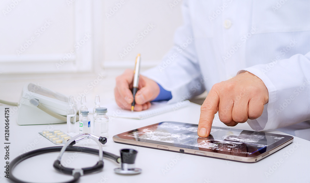 Fototapeta premium Medical professional uses tablet to document patient information in clinical setting