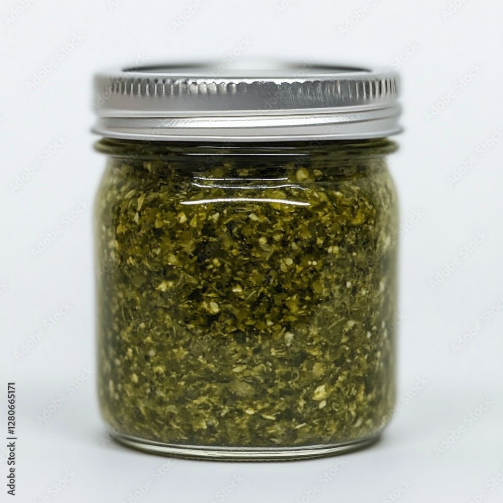 Glass jar with fresh green pesto sauce and silver lid on white background Glass jar with fresh green pesto sauce and silver lid on white background